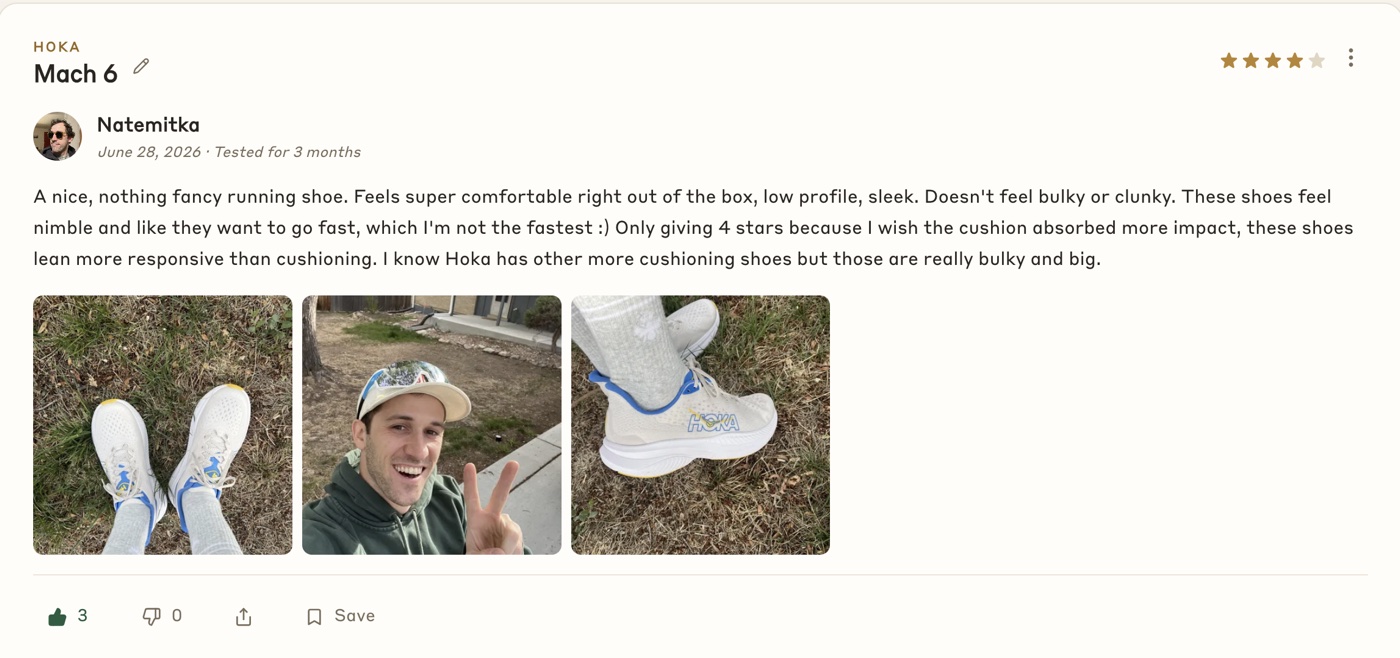 A Trustedgoods review of the Hoka Mach 6 rated four stars, with three photos of the shoes being worn outdoors.